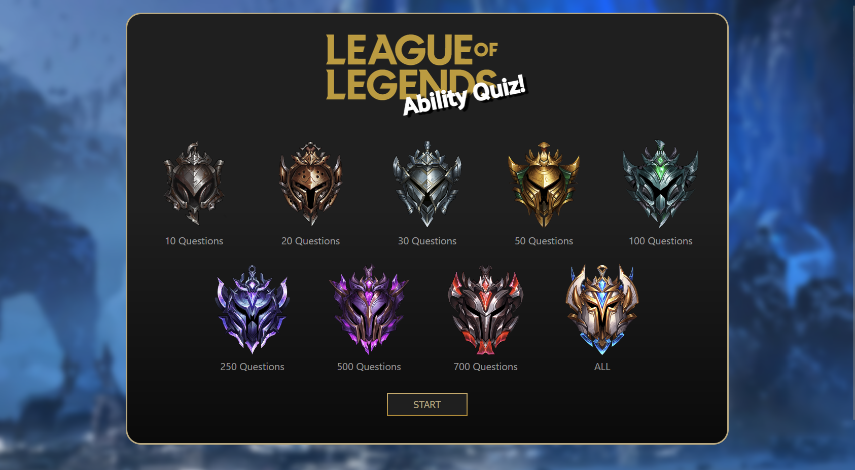 Landing screen of League of Legends Ability Quiz