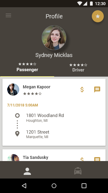 Mockup of ridesharing application