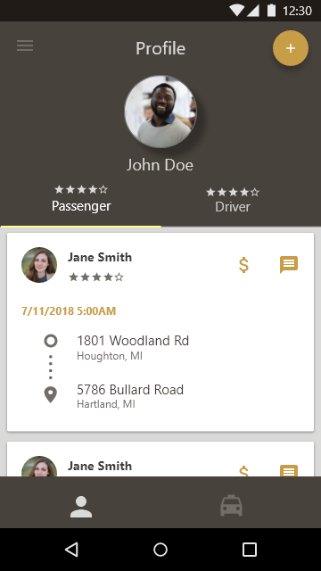 Mockup of ridesharing application